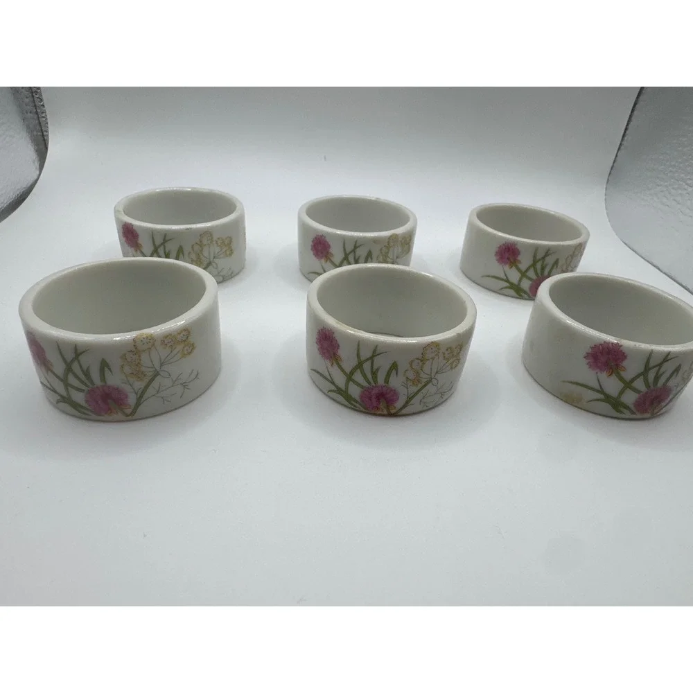 Stanford Japan Porcelain Napkin Rings Set of 6 Floral Botanical Pink White